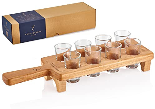 Woodpeckers London Shot Glasses Set of 8 x 40ml with Handmade Wooden Serving Board | Bar Accessories for Home Pub | Shot Serving Tray & Shot Glass Paddle