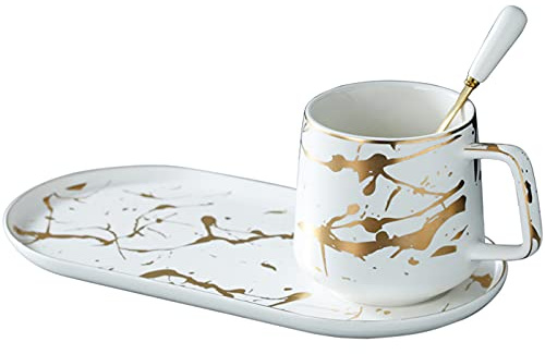 KKGUD Tasse et soucoupe en porcelaine, 400 ml, tasse et assiette ovale, motifs marbre (blanc)