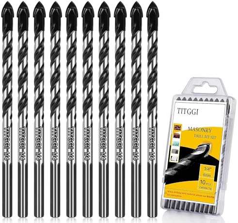 TITGGI 1/4 Zoll (10 Stück) Steinbohrer-Set & Zementbohrer, professionelles Betonbohrer-Set für Glas/Ziegel/Kunststoff/Zement/Holz/Fliesen/usw., industrielle Stärke Hartmetall-Bohrerspitze