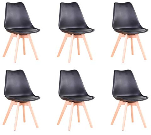 EGOONM 6er Set Modernen Esszimmerstühlen, Mid-Century-Küchenstühlen mit Gepolstertem Sitz, Beinen aus Buchenholz, Gepolsterter Tulpenstuhl für Esszimmer, Wohnzimmer (Schwarz)