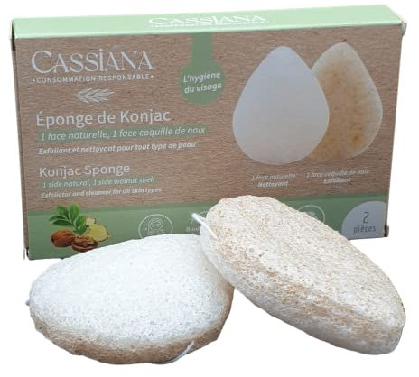 Cassiana - Spugna Konjac viso - struccante a doppia faccia, detergente, esfoliante - Fibre vegetali naturali al 100% Perfetto per ossigenare la pelle Diminuisce l'acne. Forma a goccia d'acqua Set di 2
