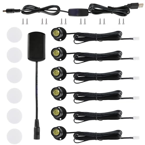 DEDC 6pcs Mini LED Spot Lights, 1W 5V 3000K Under Cabinet Lights, Mini Spotlights for Displays with Dimmer (Warm White-Pushbutton Switches-USB Plug)