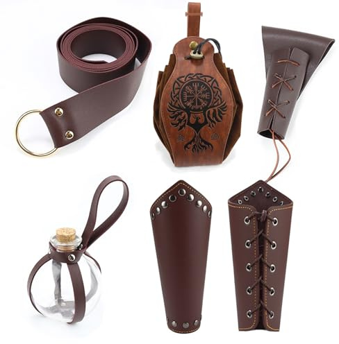 RUIITEN 5PCS Mittelalter Gürtel Renaissance Zubehör, Wikinger Leder Gürteltasche Arm Guard Dolch Abdeckung Gürtel Kork Trank Flasche für Halloween Ritter Pirat Wikinger Krieger Kostüm Cosplay Braun