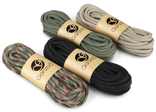 Ganzoo Paracord 550 Set 24 m (4x6 m) Outdoor-Seil 4 mm, Typ 3 mit 7 Innensträngen, Nylon/Polyester Schnur, Farben schwarz grün Sand camo Tarnfarben, Camping Survival, Hundehalsband Hundeleine