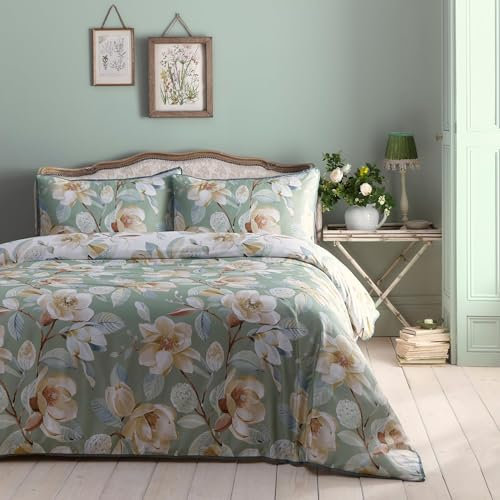 Appletree - Sage Floral Duvet Cover - Single Bedding Size (140 x 200cm) - Reversible Colours - Soft 100% Cotton - 200 Thread Count - 1 Pillowcase - Piped Edge - White Flower Duvet Cover in Green
