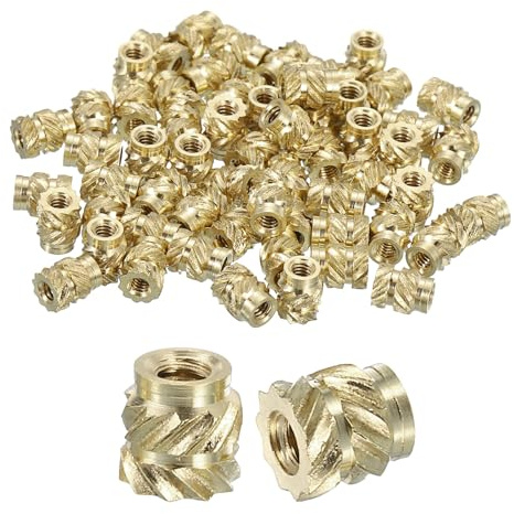 sourcing map Gerändelte Einsatzmuttern, M2 x 4 mm L x 4 mm Außendurchmesser, 3D-Druck, Messingmuttern, Innengewindeeinsätze, Messing, Heizsatz, Einbettungsmuttern, 100 Stück