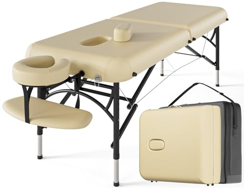 CLORIS Professionelle Massageliege, tragbar, 2 zusammenklappbar, leicht, für Gesichtssalon, Spa, Tattoo-Bett, höhenverstellbar, mit Tragetasche und Aluminium-Bein, hält bis zu 500 kg, cremefarben