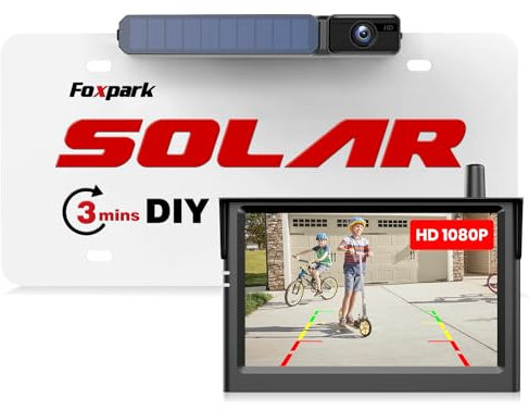 Solar Wireless Reversing Camera: 1080P 3 Mins DIY Installation Reversing Camera Wireless HD Night Vision, 5 Monitor Foxpark Reverse Camera Kit Support 2 Channels IP69K Waterproof for Car Van Truck