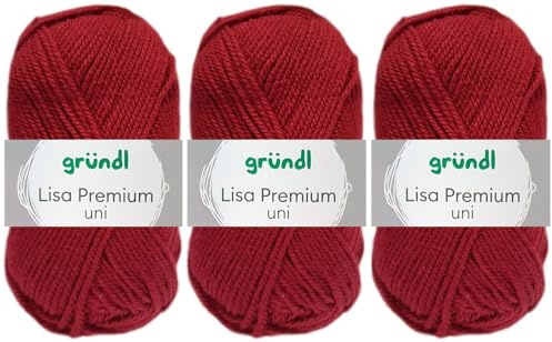 3x50 Gramm Gründl Lisa Premium Uni aus 100% Polyacryl inkl. Anleitung für Meerschwein (13 Weinrot)