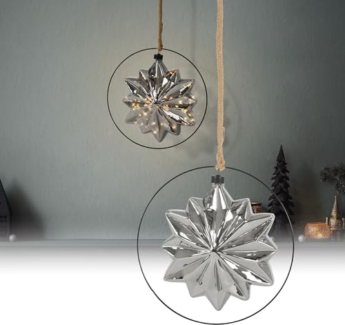 ECD Germany LED-Weihnachtsstern Ø18cm, 40 LEDs, 80cm Seil, Deko Leuchtstern zum Hängen, Warmweiß, Grau, Glasstern mit Beleuchtung & Metallring, batteriebetrieb, Timer, Innen, Deko Stern Weihnachtsdeko