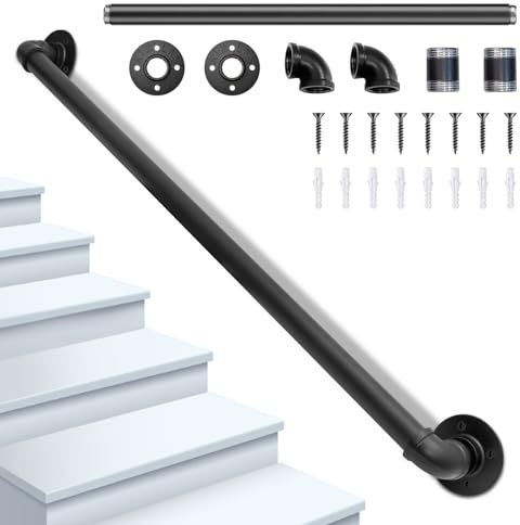 Orifesio Corrimano per Scale Interne, Passamano per Scale Interne, Ringhiera per Scale Interne Esterne per Anziani Disabili Bambini, Ringhiere per Scale Tubo Zincato Nero Antiscivolo, 100CM
