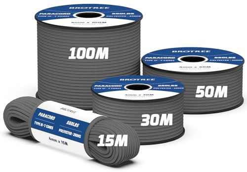 Brotree 550 Paracord 4mm 15m 100% Polyesterrep 7 Trådar Fallskärmslina Typ III Snöre Sladd för Utomhus, Camping, Hundkoppel, Överlevnad, Hantverk - 250kg Brottlast (Antracitgrå)