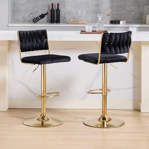 chairus Barhocker 2er Set Samt Barstuhl Drehbar für Küche Höhenverstellbare Thekenhocker mit Metallbeine Hockerhocker Esszimmer (Schwarz-2)