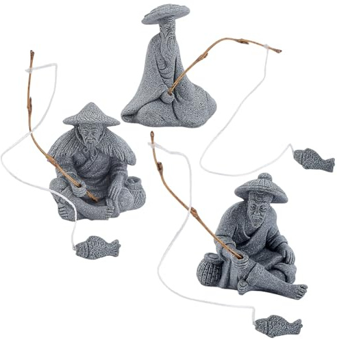 WEBEEDY 3 Styles Mini Fisherman Figurine Old Man Statues Asian Zen Decoration,Chinese Sitting Fishing Ornament Sandstone Vintage Ornament for Aquarium Fish Tank Fairy Zen Garden Micro Landscape Decor