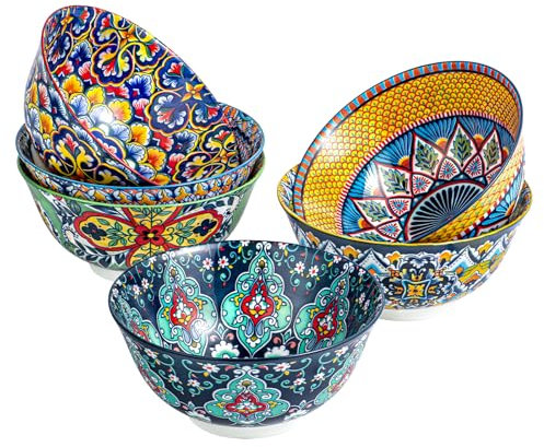 HENXFEN LEAD Cuencos de cereales de porcelana, grandes cuencos para sopa de cereales, sopa, ensalada y pasta, etc., multicolor, 6 unidades, estilo bohemio