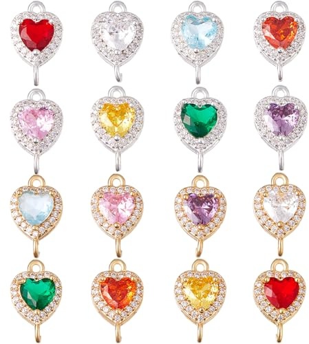 Hobbspring 16 Stück Zirkonia Herz Anhänger Bunte Messing Kristall Herzanhänger Kristallvergoldete Und Versilberte Glieder Für Schmuck Halsketten Armbänder Basteln Basteln