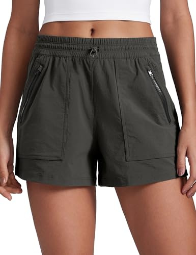 CRZ YOGA High Waisted Hiking Shorts for Women 3 - Water Resistant Cargo for Athletic Travel Outdoor with Zip Pockets Arbor Olive Medium