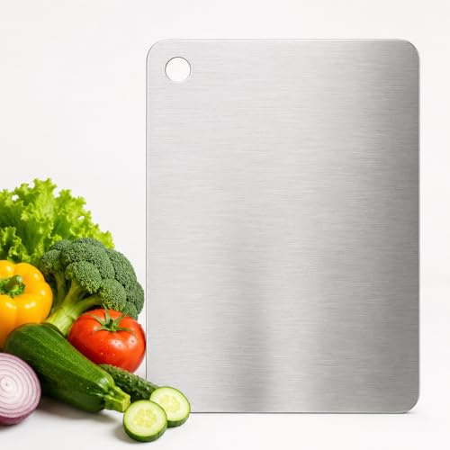 INOXLM Planche à découper en acier inoxydable alimentaire 29 x 20 cm adapté à Haccp, planche à découper de cuisine professionnelle double face et résistante, planche à découper en acier pour cuisine