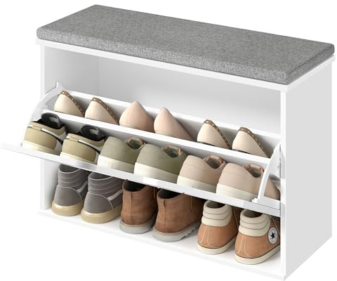 VASAGLE Banco Zapatero Acolchado, Mueble de Recibidor de 3 Niveles para 9 Pares de Zapatos, Cajón Abatible, 30 x 80 x 53,5 cm, para Entrada, Dormitorio, Blanco Nube y Gris Paloma LSB122WB01
