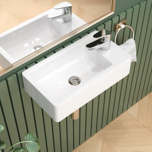 Sarlai Lavello da bagno con montaggio a parete Lavabo da appendere alla parete, piccolo lavabo rettangolare in ceramica bianca per bagno, 460 × 270 × 110 mm