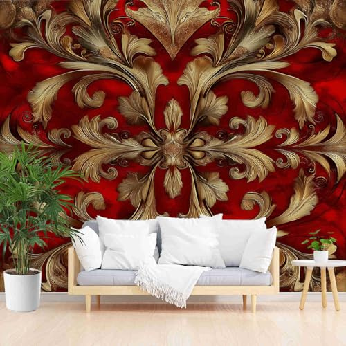 Dppyuxa Motif Feuillage Baroque Papier Peint 3D Rouge Rubis Papier Peint Panoramique Intissé 150x105 cm Décoration Murale Interieur pour Salon et Chambre Enfant