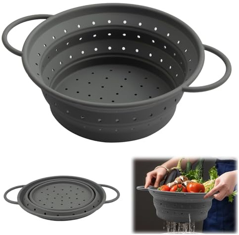 21cm Faltbarer Seiher Sieb, Faltbares Nudelsieb, Silikon-Küchensieb mit Griffen, Hitzebeständiges Falt-Sieb, Klappbar Abtropfsieb Grau, für Abtropfen von Nudeln, Gemüse, Obst