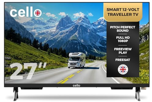 Cello Bianco 12 Volt 27 pollici Traveller Smart TV, WebOS ultra-veloce, Freeview Play, FreeSat, Bluetooth, Netflix, Apple TV e DAZN per camper, roulotte e camion