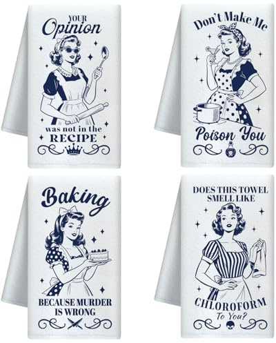 CUTHOLLOW 4er-Set Geschirrtücher mit Hausfrau Backen Motiv | - Vintage Deko Geschirrtuch 60x40 cm, Trockentücher Microfaser für Küche, Tee, Kaffee, Bar, Neues Geschenk