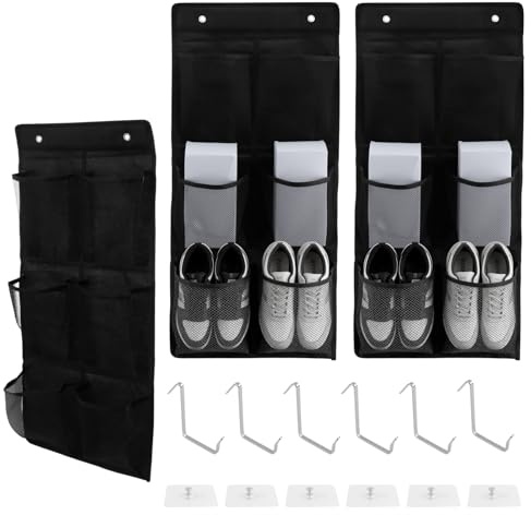 KEILEOHO 3 Stück Hängende Schuhaufbewahrung, 34 x 76,5cm Faltbarer Schuhorganizer Hängend mit 6 Klebehaken und 6 Haken, Schwarz Schuhregal Hängend für Schrank, Tür