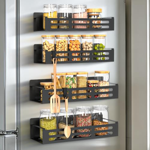 Newthinking Magnetic Spice Rack for Fridge, Kitchen Spice Rack with Magnet | 2 Large Spice Rack+2 Small Spice Rack, Strong Magnetic, 8 Hooks, Kitchen Space-saving, Spices, Salt, Pepper, Herb Jars