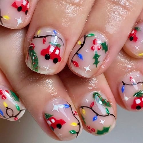 Ceboic 24 Pièces Noël Faux Ongles Ovale Court, Français Guirlande Lumineuse Colorée Press on Nails, Voiture Dessin Animé Capsules Ongles Reutilisables, Acrylique Rose Nude Ongles à Coller pour Fille