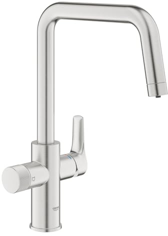GROHE Blue Pure Eurosmart, Robinet de cuisine filtrant 3 voies (Zone de rotation 150°, poignée dédiée pour l’eau filtrée, nécessite un kit de démarrage de filtre), SuperSteel, 30583DC0