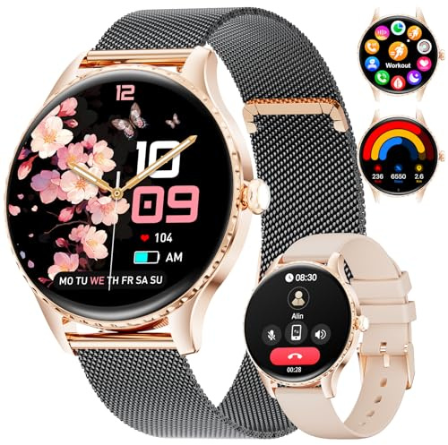 CHOOSETIME 7.99mm Ultra Dünn Smartwatch Damen mit Telefonfunktion, 1.32 AMOLED Smart Watch für Android/iOS, IP68 Wasserdicht Fitnessuhr, 270+ Ziffernblätter, Menstruationszyklus, Schwarz-Gold