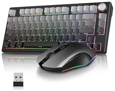 RedThunder K75 75% Wireless Membrane Keyboard and Mouse,3-Mode 2.4G/BT/USB-C,US Layout Side-Engraved,Volume Knob,TKL Ultra Compact Design,Optical Gaming Mouse with 4800DPI for PC Mac (Gradient Gray)
