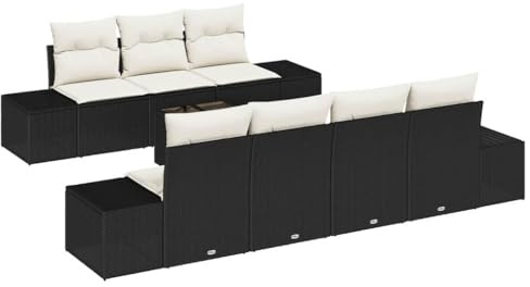 pokgdf Modernes Outdoor Sofa Set mit Glas Tisch, Wetterfestes Rattan Sofa Set für Terrasse, Stylishes für Garten und Terrasse in Schwarz aus Poly-Rattan, 8-teiliges mit Kissen