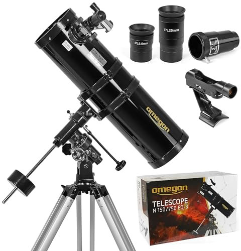Omegon Teleskop N 150/750 EQ-3 | Für Einsteiger in die Deep-Sky Beobachtung | Umfangreiches Zubehör | Leicht bedienbar | Große Spiegeloptik | astronomisches Teleskop