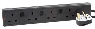 PRO ELEC PEL00036 4‑Gang Switched Extension Lead, 1m Cable, Individually Switched Sockets, UK Type G Plug, Black