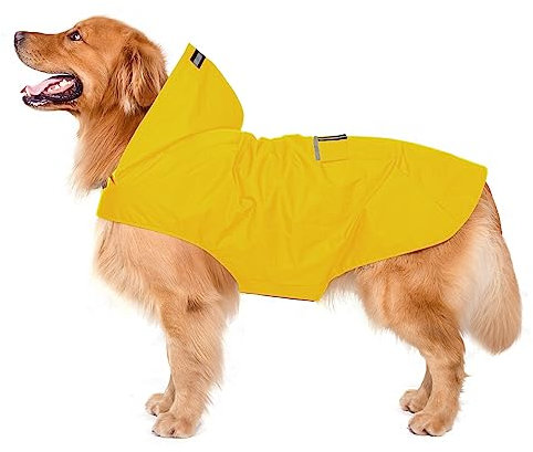 Zellar Regnjacka för hundar med huva, 100% vattentät ultralätt och luftig med reflekterande ränder för medelstora till stora hundar (3XL, gul)