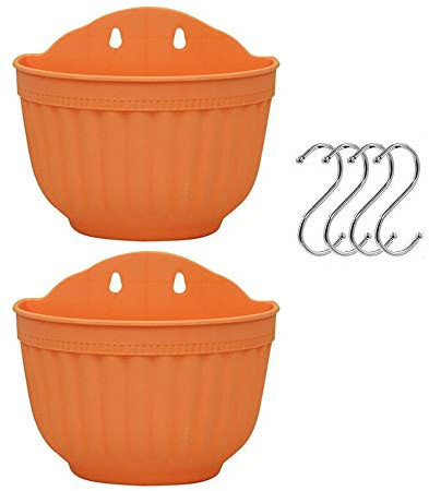 Wankd 2er Set Wandblumentopf - halbrund - Wandampel - Übertopf - Weiss - Draußen & Balkon - with 4 Haken - L 21 x W 12.5 x H 18 cm (Orange)