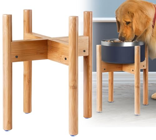 Dog Bowl Stand - Mid-Large Dogs Suitable - Elevate, Raise Bowl to 12-inch High - Adjustable, Fits Any Pet Food/Water Feeders, and Fountains - Durable Bamboo