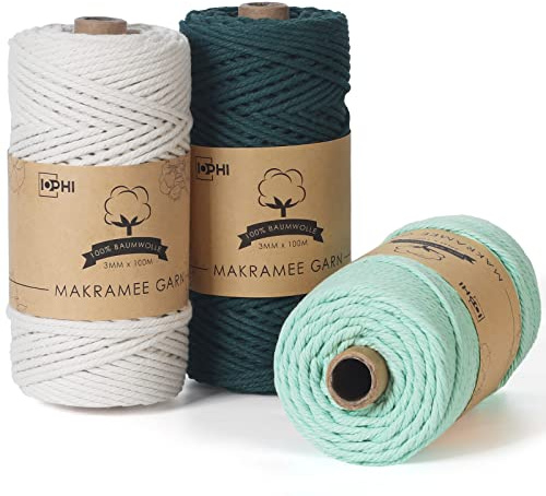 Hilo de macramé Hilo de algodón de 3mm x 300m con cordel, juego de 3. Hilo de macramé DIY, para tapices, colgar flores, cortinas y trabajos varios.