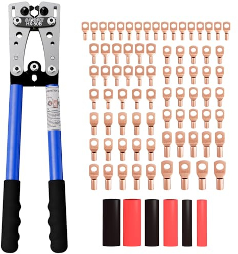 Sanuke Battery Cable Lug Crimping Tool for AWG10-1/0, Wire Crimper with 78pcs Copper Lug Ring Terminal Connectors, 110pcs Heat Shrink Tubing, Electrical Wire Crimping Tool Set