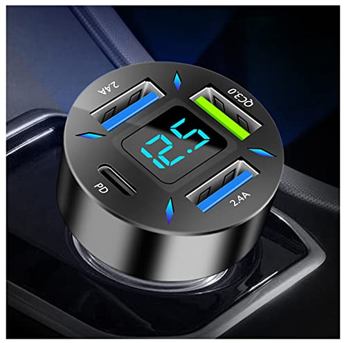 4 Ports USB Car Charger USB Adapter with Voltmeter,Type C Port PD 3.1/QC 3.0 Super Fast Charging Car Cigarette Lighter Plug for iPhone 14 13 12,S22 S21 S20,iPad Pro& More Mobil Phone (Black)