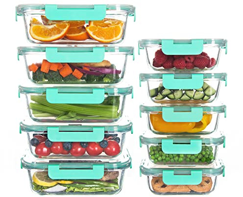 HAKEEMI Paquete de 10 recipientes de vidrio para almacenamiento de alimentos, recipientes herméticos para preparar comidas con tapas, aptos para microondas y lavavajillas, verde claro