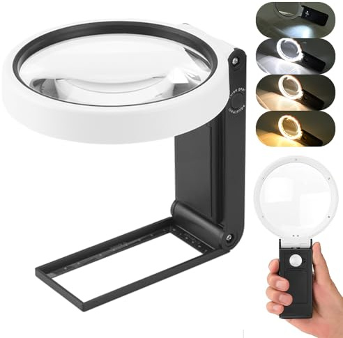 Xnourney Lupa Grande de 4,35in 10x 30x, con Luces y Soportes, de Iluminación LED Vertical de Mano,110mm Lupa de Lectura Plegable, para Lectura de Ancianos, Punto de Cruz, Mapas,Joyas