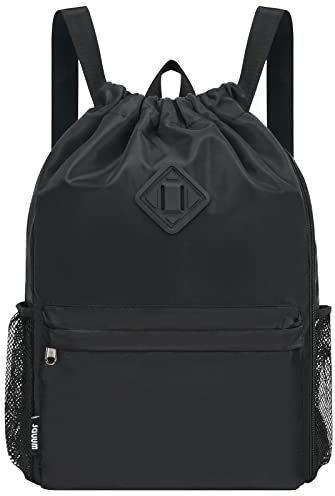 WANDF Rucksack mit Kordelzug, Sporttasche mit Schuhfach, wasserabweisender String-Rucksack Cinch für Damen Herren (Groß,Schwarz)