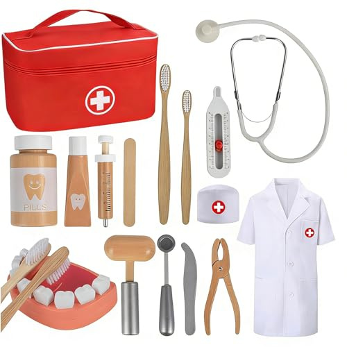 TGTT Maletin Medicos Juguete, Doctora Juguete con Real Estetoscopio, Maletín de Médico Portátil, Juguetes de Madera Adecuado Juego de Roles Juguetes niñas y niños 3 años