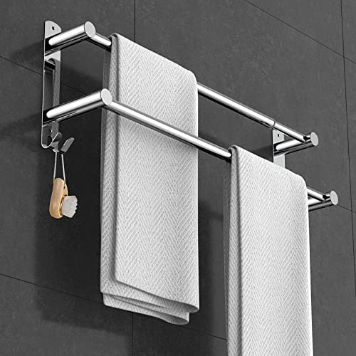 Towel Rails Wall Mounted Adjustable Towel Bars Stainless Steel Self Adhesive Towel Rack With Hooks 43-78CM Towel Shelves for Kitchen Bathroom (Silver 2-shot)