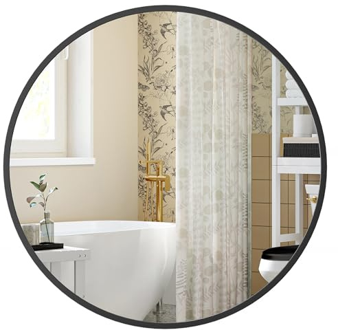 SONGMICS Round Mirror, 40.7 cm Bathroom Mirror for Wall, Metal Frame, Easy to Install, Modern Wall Mirror for Bathroom, Living Room, Bedroom, Entryway, Hallway, Ink Black LWM104B01