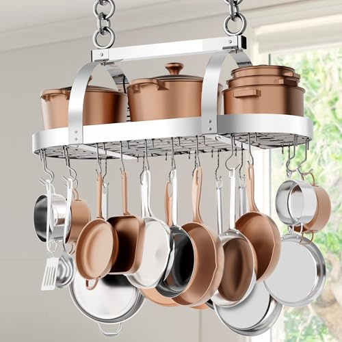 KES KUR221S85-CH - Soporte de techo cromado resistente de 86 cm, estante ovalado para colgar ollas y sartenes, organizador de almacenamiento de cocina con 20 ganchos en S (para vigas de techo de 16 y
